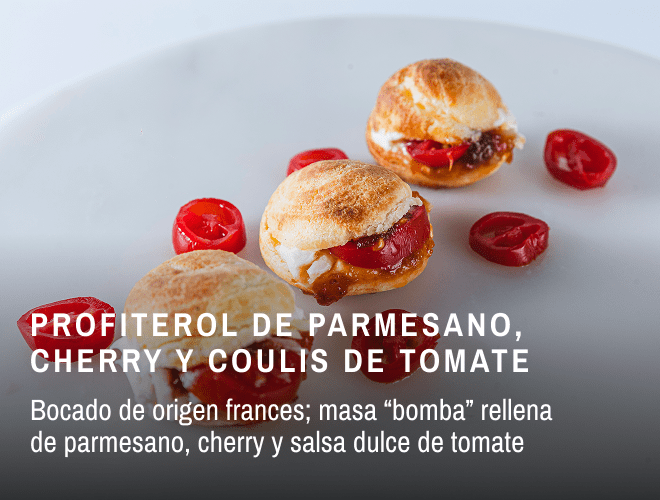 PROFITEROL DE PARMESANO, CHERRY Y COULIS DE TOMATE mobile
